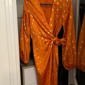 Never Fully Dressed Orange Ruched Wrap Gown